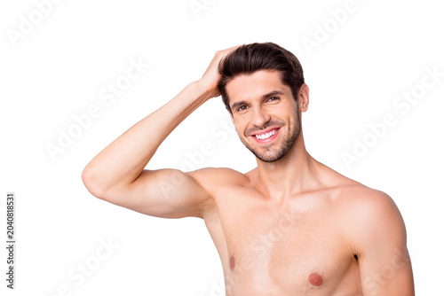 Canvas Print Close up photo of joyful muscular guy look mirror visit hairstylist spa salon pr