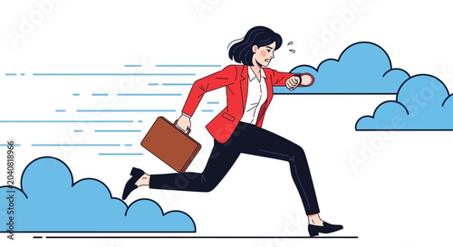 Fényképezés Businesswoman runs quickly through clouds with briefcase and phone