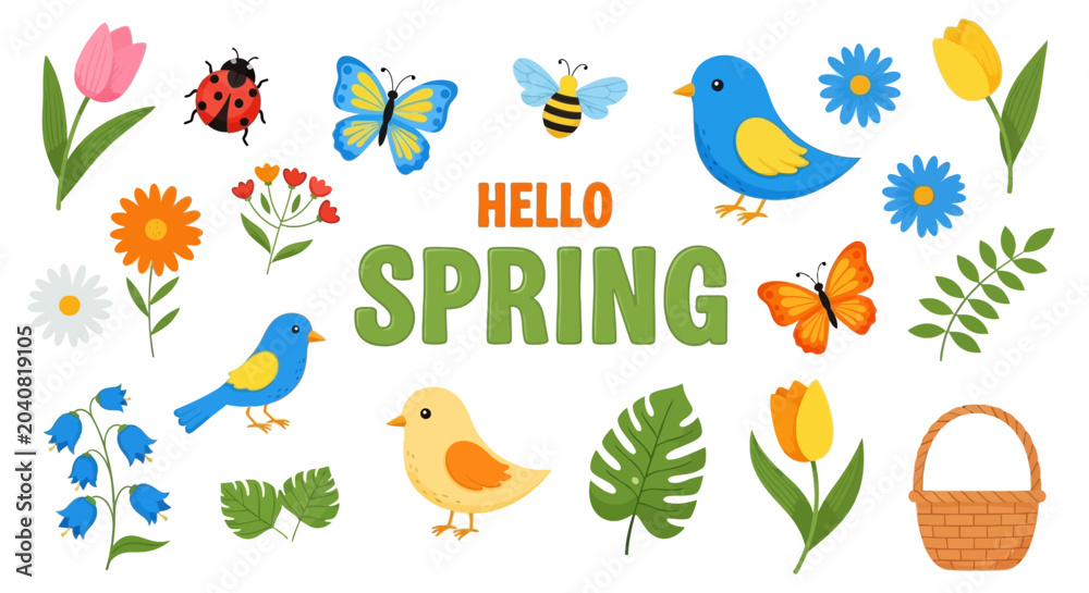 Obraz premium Colorful illustration of spring flowers, birds, and insects welcomes season