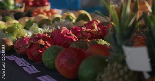 Exotic fruits displayed at a market stall at Kvatric Market in Zagreb Croatia.