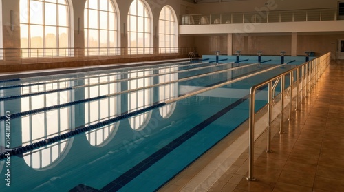 Elegant indoor swimming pool with blue lanes reflecting bright sunlight from arched windows creative design image