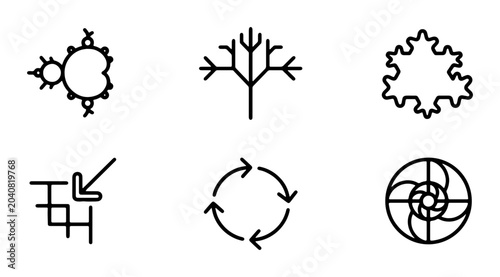 Fotografie Abstract Geometric Icons Set, Fractal Patterns, Mathematical Shapes, Science Sym