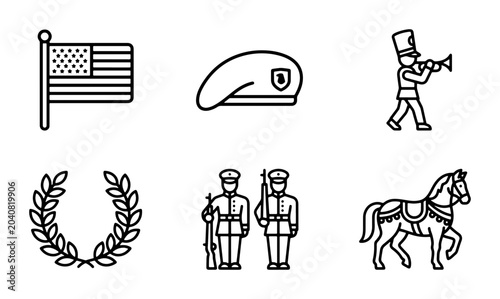 Tableau sur toile Military Icons Set: US Flag, Beret, Soldier, Bugler, Laurel Wreath, Horse Vector