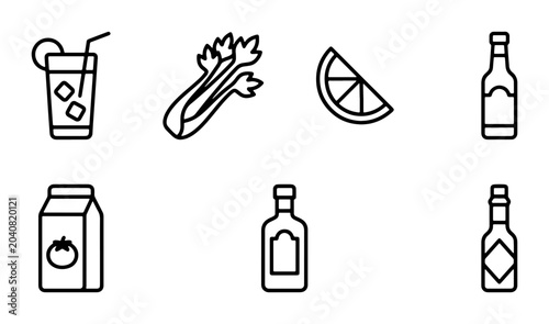 Tableau sur toile Cocktail Ingredients Icons: Drink, Celery, Lime, Tomato Juice, Bottles, Sauce