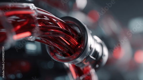 Closeup metallic tube carrying crimson fluid, automated monitoring system in biotech reactor, reflective chrome connector, viscous flow, sterile blue lighting, microbubbles and condensation, hightech