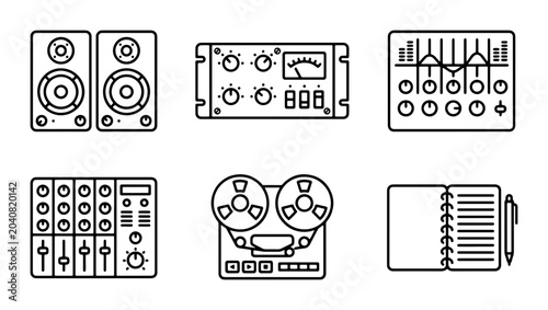 Foto Audio Production Icons: Studio Monitors, Mixer, Amplifier, Reel-to-Reel, Noteboo