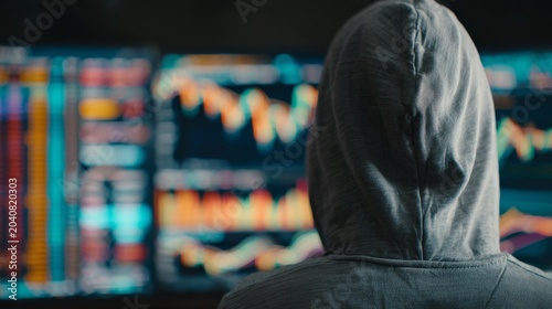 Person in hoodie gazes at multiple monitors displaying financial data, implying investment or illicit activity