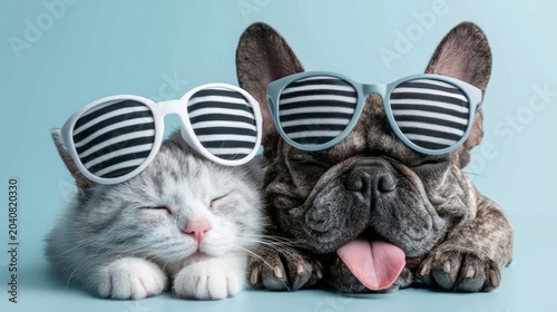 Stylish French Bulldog and Sleepy Cat Relaxing Together in Trendy Sunglasses on a Light Blue Background