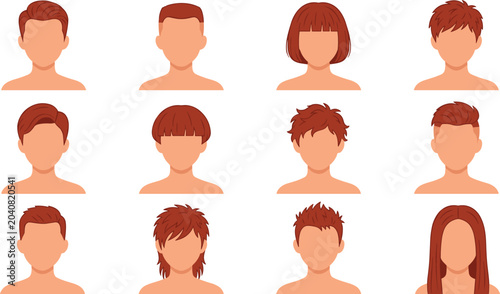 Photos Haircut and hairstyle vector set with diverse cartoon man and woman avatar heads