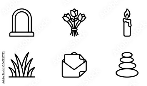 Photography Funeral Icons Set: RIP Tombstone, Flowers, Candle, Grass, Envelope, Zen Stones