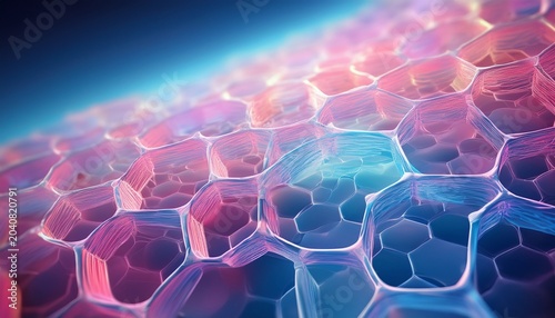 skin barrier visualization low scale with translucent hexagonal cells showing detailed internal structures in soft pink and blue hues illustrating cellular organization and biological texture