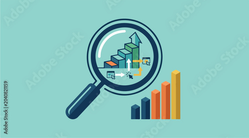Magnifying glass on graph chart.