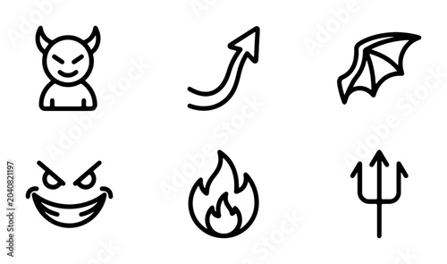 Foto Devil Icons, Hellish Symbols, Evil Faces, Fire, Trident, Wing, Vector Set