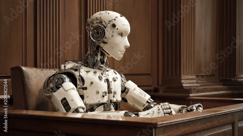 A humanoid robot sits in a courtroom, positioned in the witness box. The setting is old, wood-paneled, with somber lighting