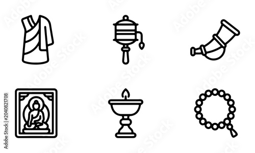 Photos Buddhist Iconography Vector Icons: Prayer Wheel, Robe, Horn, Buddha Art, Lamp, M