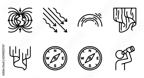 Cuadro en lienzo Science Icons: Earth Magnetism, Solar Wind, Aurora, Compass, Telescope, Vector S
