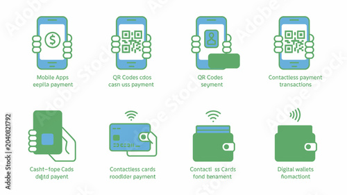 Bild auf Leinwand payment methods illustrated in flat icons mobile apps codes contactless cards di