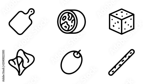 Foto Food Icons Set: Cheese, Olive, Salami, Breadstick, Cutting Board, Crisps