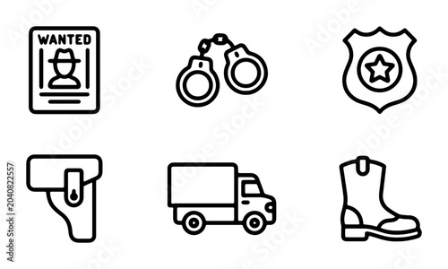 Bild auf Leinwand Law Enforcement Icons: Wanted Poster, Handcuffs, Badge, Holster, Truck, Boot