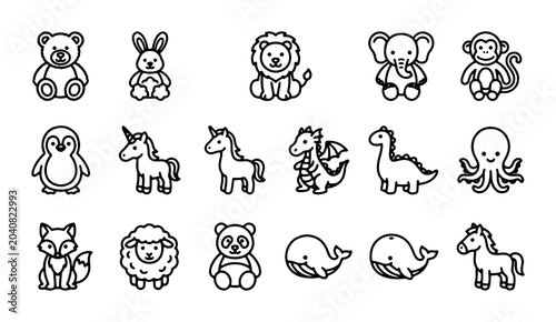 Photography Cute Animal Icons, Whimsical Vector Set: Teddy Bear, Rabbit, Lion, Elephant, Mon