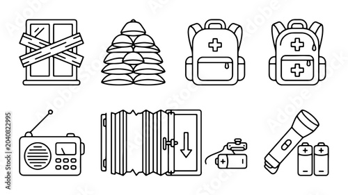 Fotografi Emergency Preparedness Icons: First Aid Kit, Radio, Flashlight, Batteries, Board