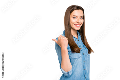 Tableau sur toile Profile side photo of charming positive confident cool promoter girl point foref