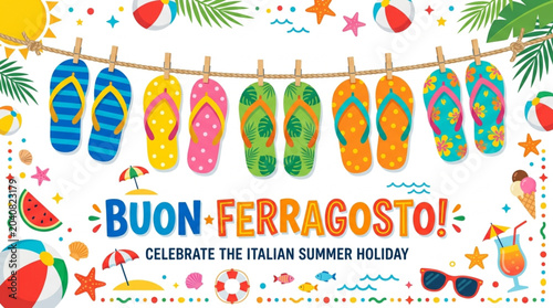 Colorful flip-flops hanging on a clothesline with summer holiday icons and the Italian text 