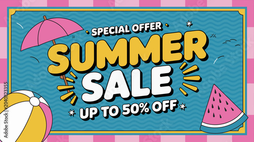 summer sale poster with colorful beach items umbrella ball watermelon vibrant advertisement promotion discount offer seasonal marketing retail shopping fun holiday