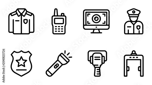 Foto Security Icons: Guard Uniform, Radio, Monitor, Officer, Badge, Flashlight, Scann