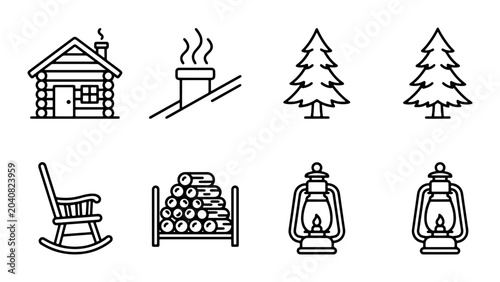 Tableau sur toile Rustic Cabin Icons, Woodpile, Lanterns, Pine Trees, Rocking Chair, Cozy Home Ele