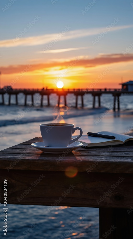 Obraz premium Hot coffee cup steams on wooden table near notebook at ocean pier during sunset. Relaxing morning with inspiring sunrise view and calm waves.