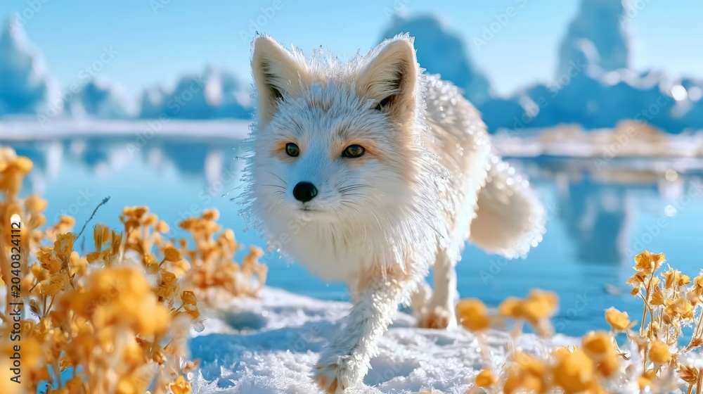Fototapeta premium Crystal White Fox Walking Through Frozen Meadow with Yellow Flowers Against Frosty Landscape