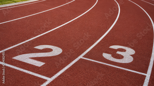 Red running track with white lane numbers at a sports stadium for athletics competition and professional track training