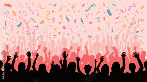 confetti rain over crowd silhouettes vector illustration celebration party event festival people group hands joy fun festive mood background graphic design