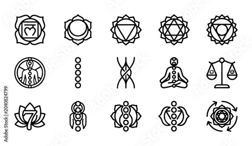 Φωτογραφία Chakra Symbols Vector Icons, Yoga Meditation Energy Centers, Spiritual Wellness