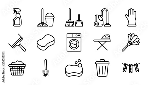 Photos Cleaning Icons Set: Household Chores, Hygiene, and Maintenance Vector Graphics