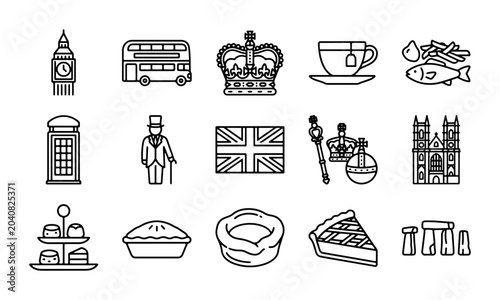 Foto British Icons Set, London Landmarks, UK Symbols, Royal Crown, Tea Time, 15 Vecto