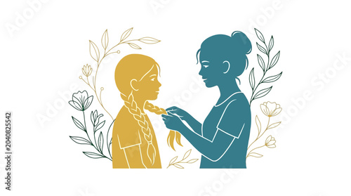 Photography Mother braiding daughter's hair, family care, floral decorative frame, love and