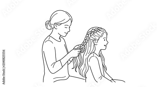Foto Mother braiding daughter's hair, family bonding, happy childhood moment, line ar