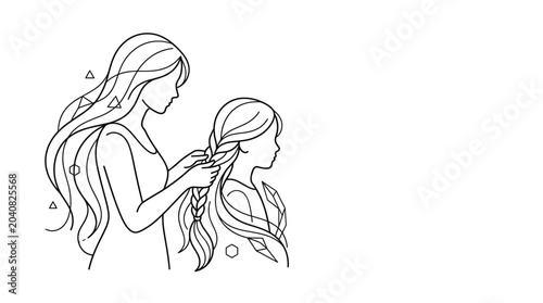 Fotografija Mother braiding daughter's hair, line art, family bonding, love, care, childhood