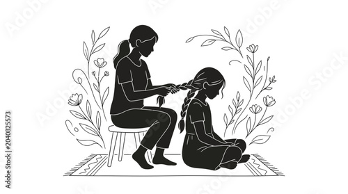 Canvas Print Mother braiding daughter's hair, silhouette, surrounded by floral elements