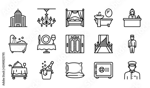 Photos Hotel Icons Set: Luxury Accommodation, Hospitality Service, Travel Amenities, Bu