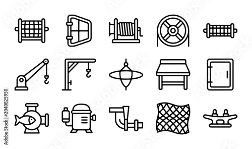 Foto Fishing Gear Icons, Nautical Equipment Vector Set, Marine Industry Symbols, Ocea