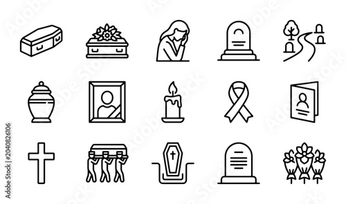 Photos Funeral Icons Set, Grief and Mourning Symbols, Cemetery and Coffin Vector Graphi