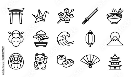 Foto Japanese Culture Icons Set: Torii Gate, Crane, Bonsai, Sushi, Geisha, Mount Fuji