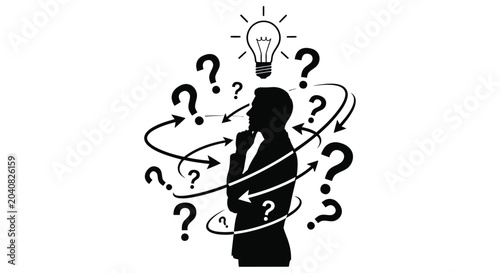 A man contemplates ideas represented by a lightbulb and question marks
