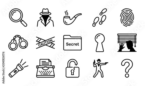 Cuadro en lienzo Detective Icon Set: Mystery, Investigation, Clues, Crime Solving Vector Graphics