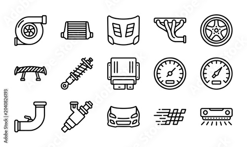 Bild auf Leinwand Automotive Performance Parts Icons Set: Turbo, Intercooler, Hood, Exhaust, Wheel