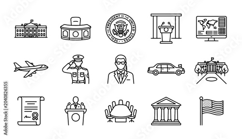 Government Icons Set: White House, Military, Diplomacy, Law, and Travel Vector Graphics