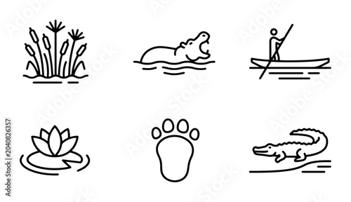 Photography African Wildlife Icons: Hippopotamus, Crocodile, Canoe, Lotus, Reeds, Paw Print